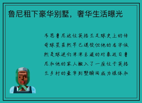 鲁尼租下豪华别墅，奢华生活曝光