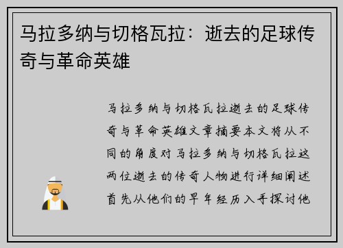 马拉多纳与切格瓦拉：逝去的足球传奇与革命英雄